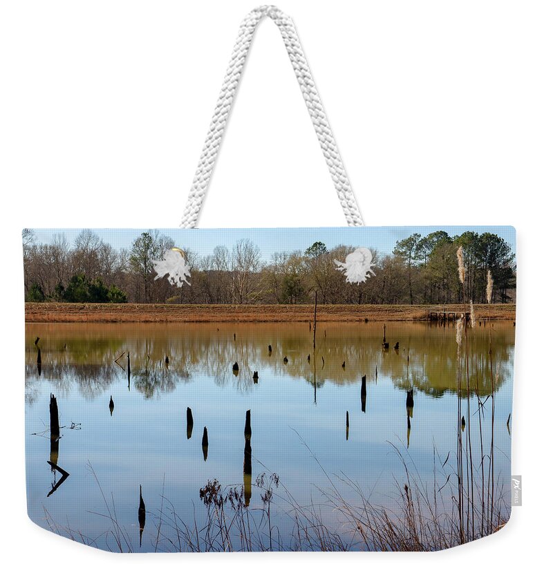 Piedmont National Wildlife Refuge Weekender Tote Bag featuring the photograph Piedmont Refuge Stump Overdrive by Ed Williams