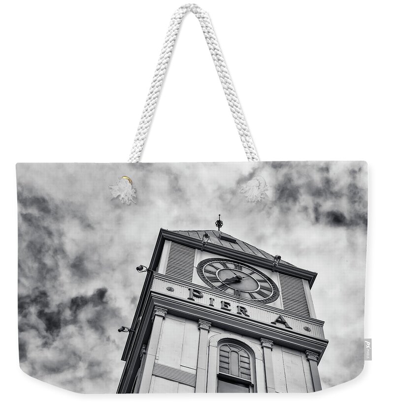 Pier A Weekender Tote Bag featuring the photograph Pier A Clock Tower by Cate Franklyn
