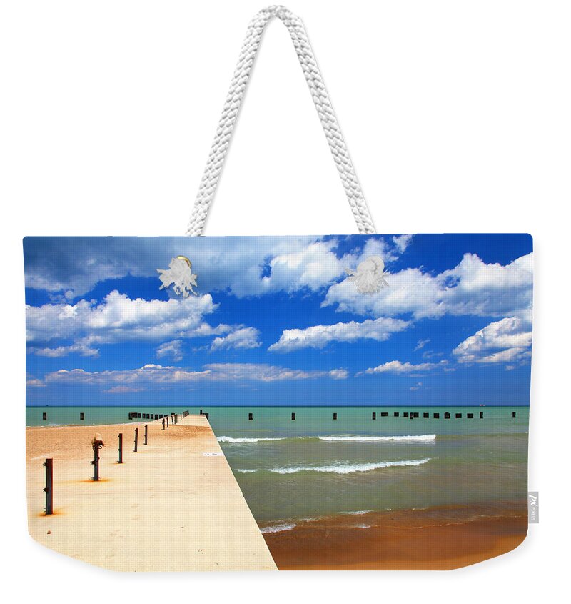 Landscape Weekender Tote Bag featuring the photograph Pier Blue Sky Clouds Lake North Avenue Beach by Patrick Malon