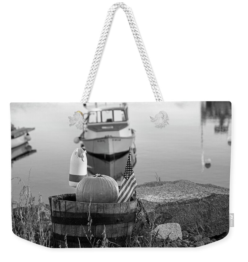 Rockport Weekender Tote Bag featuring the photograph Pigeon Cove American Flag Pumpkin Buoy Rockport Harbor MA Massachusetts Black and White by Toby McGuire