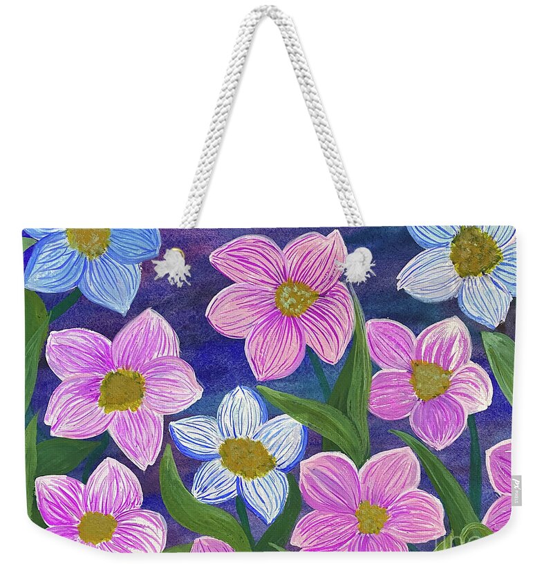 Pink Weekender Tote Bag featuring the mixed media Pink and Blue Flowers by Lisa Neuman