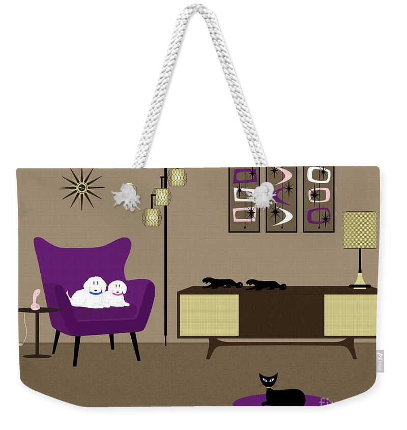 Mid Century Modern Weekender Tote Bag featuring the digital art Pink and Purple Mid Century Room with White Dogs Black Cat by Donna Mibus