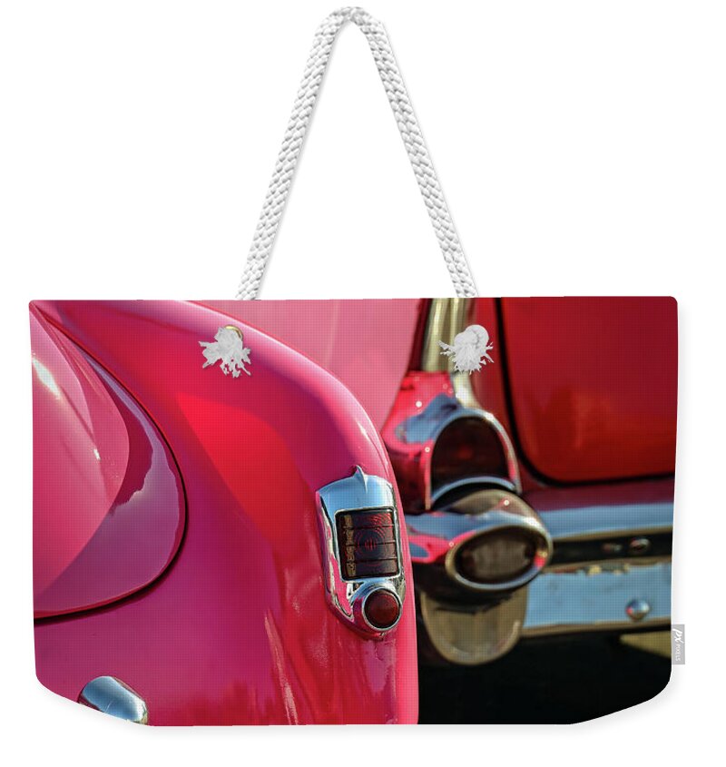 Cars Weekender Tote Bag featuring the photograph Pink and Red by M Kathleen Warren