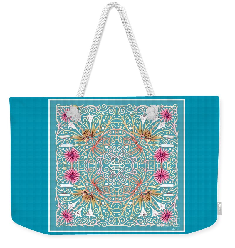 Lise Winne Weekender Tote Bag featuring the mixed media Pink and White Flowers Intertwined Into a Lace and Turquoise Background by Lise Winne