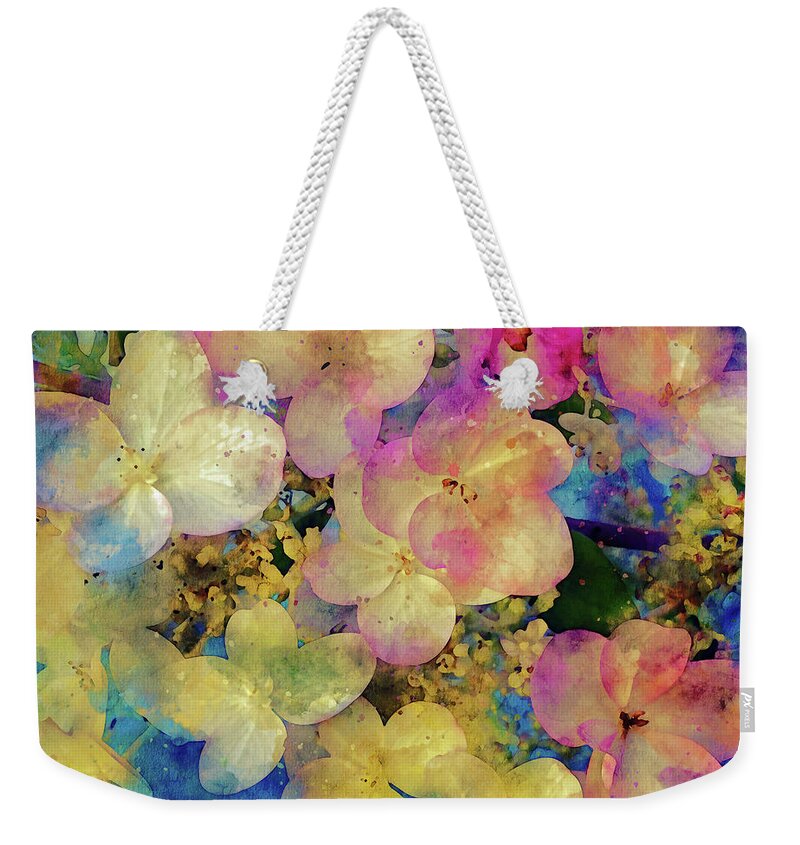 Hydrangea Weekender Tote Bag featuring the mixed media Pink and White Hydrangeas by Peggy Collins