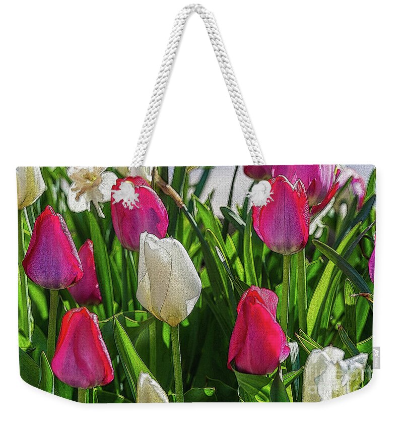Tulips Weekender Tote Bag featuring the mixed media Pink And White Tulips Painterly by Jennifer White