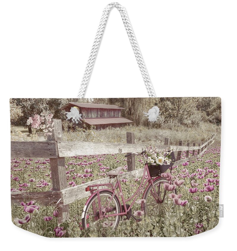 Andrews Weekender Tote Bag featuring the photograph Pink Bicycle in the Farmhouse Poppies by Debra and Dave Vanderlaan