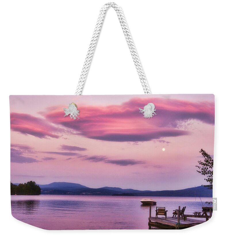 Moon Weekender Tote Bag featuring the photograph Pink Clouds and Moon Over Rangeley, Maine by Russel Considine