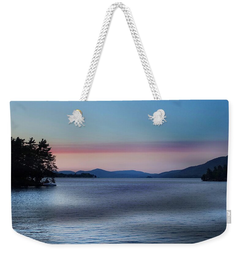 Sun Weekender Tote Bag featuring the photograph Pink Clouds and Sunset Over Lake by Russ Considine