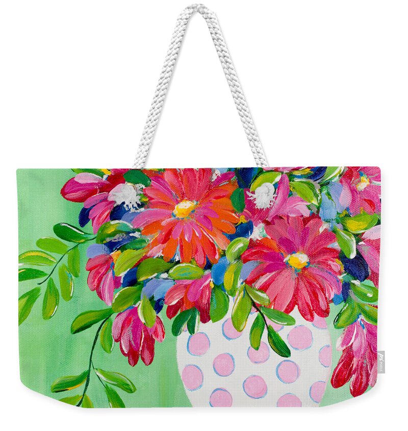 Flowers Weekender Tote Bag featuring the painting Pink Dotted Vase by Beth Ann Scott