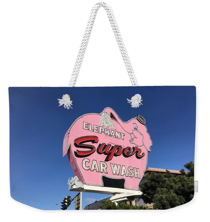 Seattle Weekender Tote Bag featuring the photograph Pink Elephant Car Wash Sign by Jerry Abbott