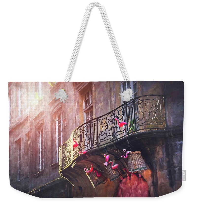 Bordeaux Weekender Tote Bag featuring the photograph Pink Flamingo Balcony Bordeaux France by Carol Japp