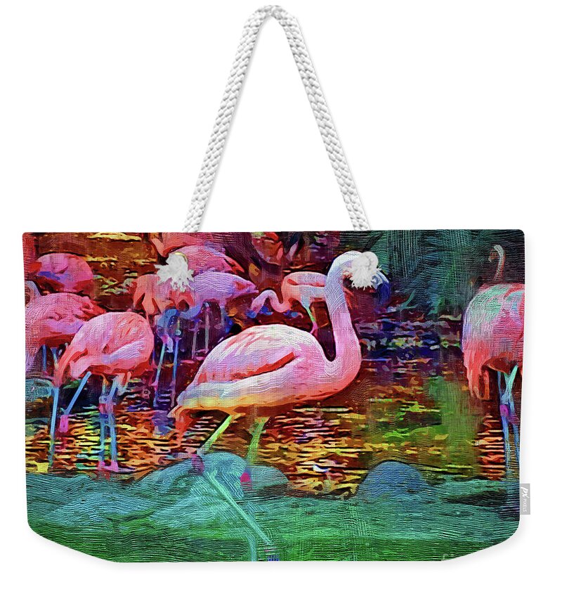 Flamingo Weekender Tote Bag featuring the digital art Pink Flamingos by Kirt Tisdale