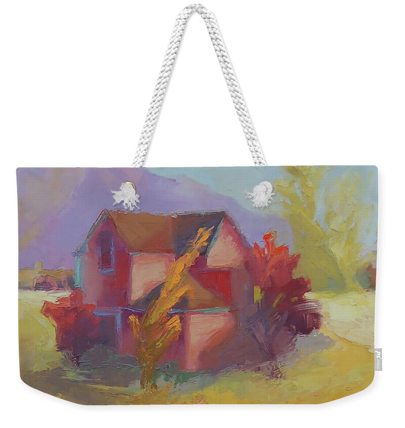 Landscape Weekender Tote Bag featuring the painting Pink House Yellow by Cathy Locke