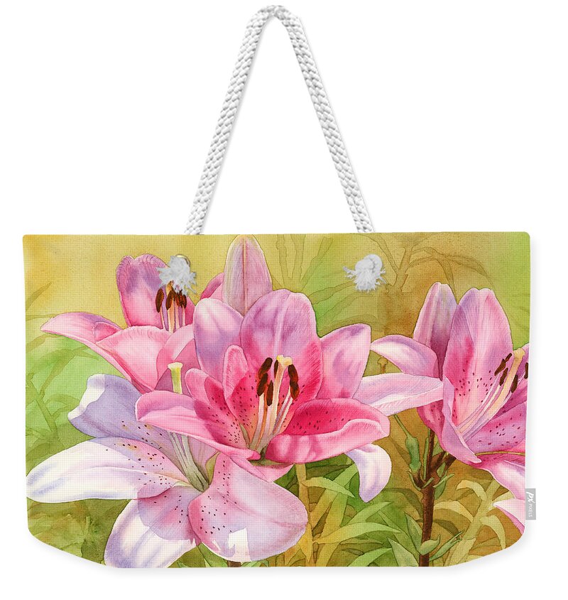 Pink Weekender Tote Bag featuring the painting Pink Lilies by Espero Art