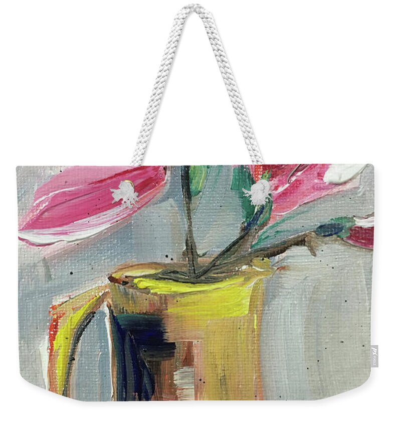 Magnolias Weekender Tote Bag featuring the painting Pink Magnolias in a Yellow Porcelain Pitcher by Roxy Rich