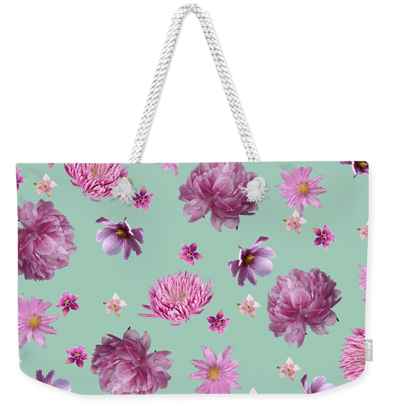Floral Weekender Tote Bag featuring the digital art Pink on minty green by Jindra Noewi