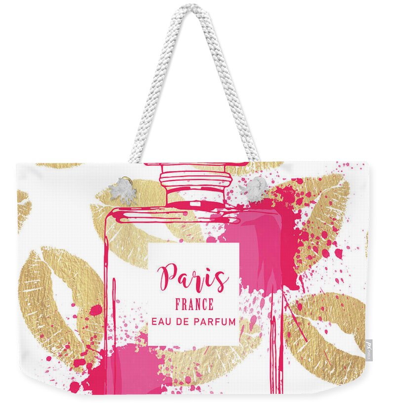 Pink perfume bottle and golden lips Weekender Tote Bag by Mihaela Pater -  Fine Art America