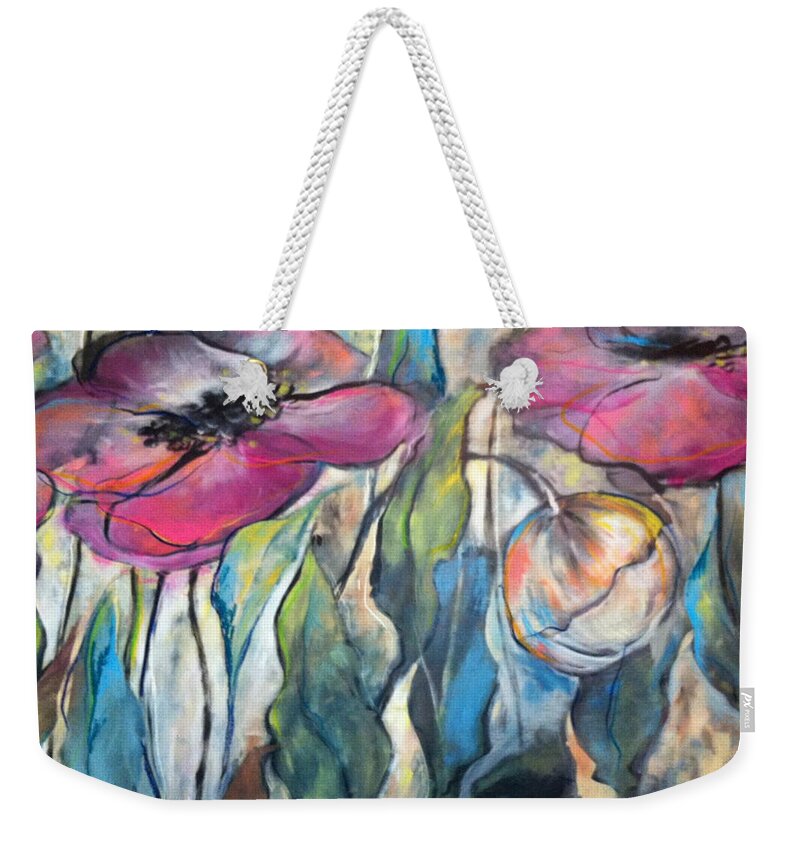 Poppies Weekender Tote Bag featuring the mixed media Pink Poppies by Eleatta Diver