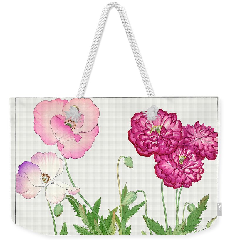 Vintage Flower Illustrations Weekender Tote Bag featuring the digital art Pink Poppy Flower - Ukiyo e art - Vintage Japanese woodblock art - Seiyo SOKA ZUFU by Tanigami Konan by Studio Grafiikka