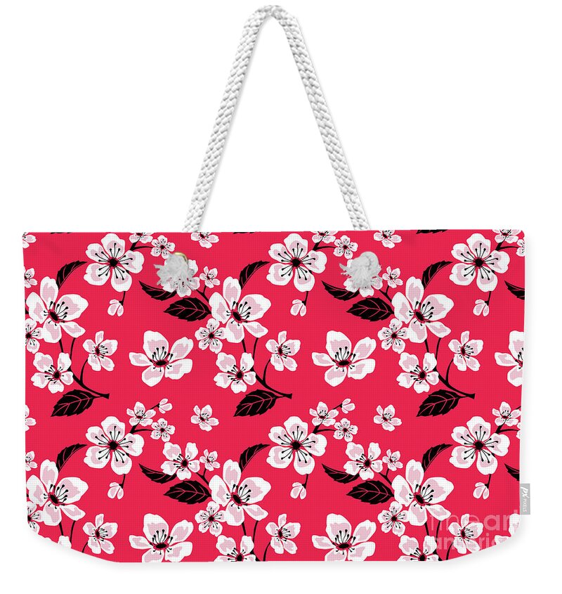 Red Weekender Tote Bag featuring the digital art Pink Sakura Cherry Tree Flower Blooms - Hawaiian Floral Pattern by PIPA Fine Art - Simply Solid