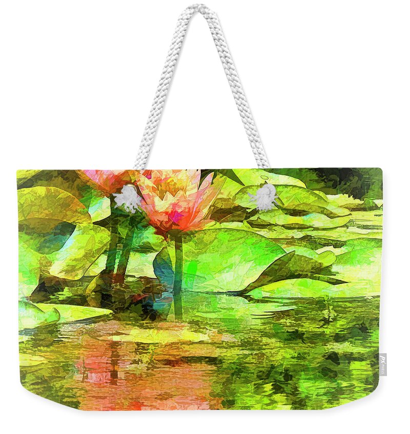 Lily Weekender Tote Bag featuring the photograph Pink Water Lilies Faux Paint by Bill Barber