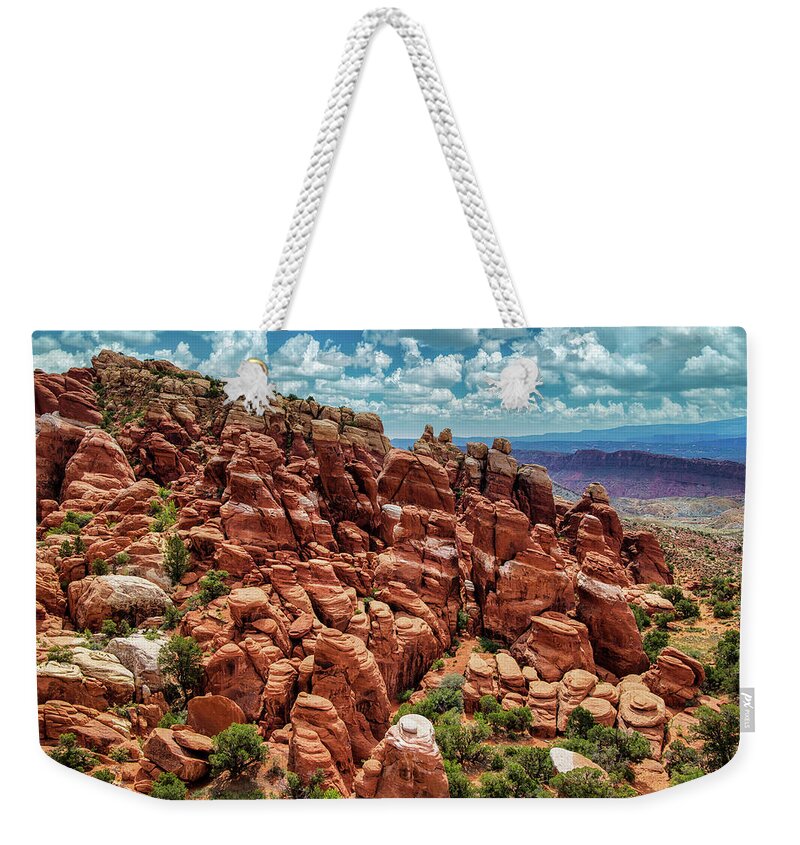 Arches National Park Weekender Tote Bag featuring the photograph Pinnacles of the Fiery Furnace by Anthony Sacco