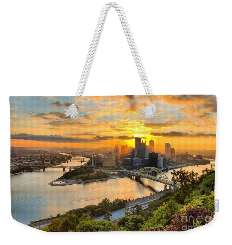 Pittsburgh Weekender Tote Bag featuring the photograph Pittsburgh Mt Washington Sunrise August 2022 by Adam Jewell