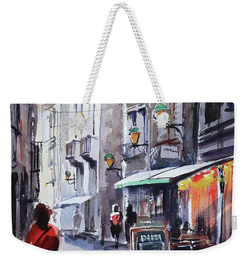 Landscape Weekender Tote Bag featuring the painting Pizza Cafe in France by Shirley Peters