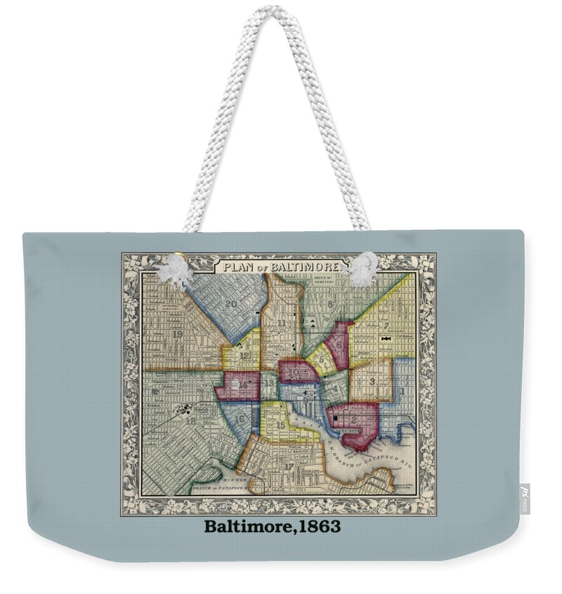 Baltimore Weekender Tote Bag featuring the photograph Plan of Baltimore Antique Map 1863 by Phil Cardamone