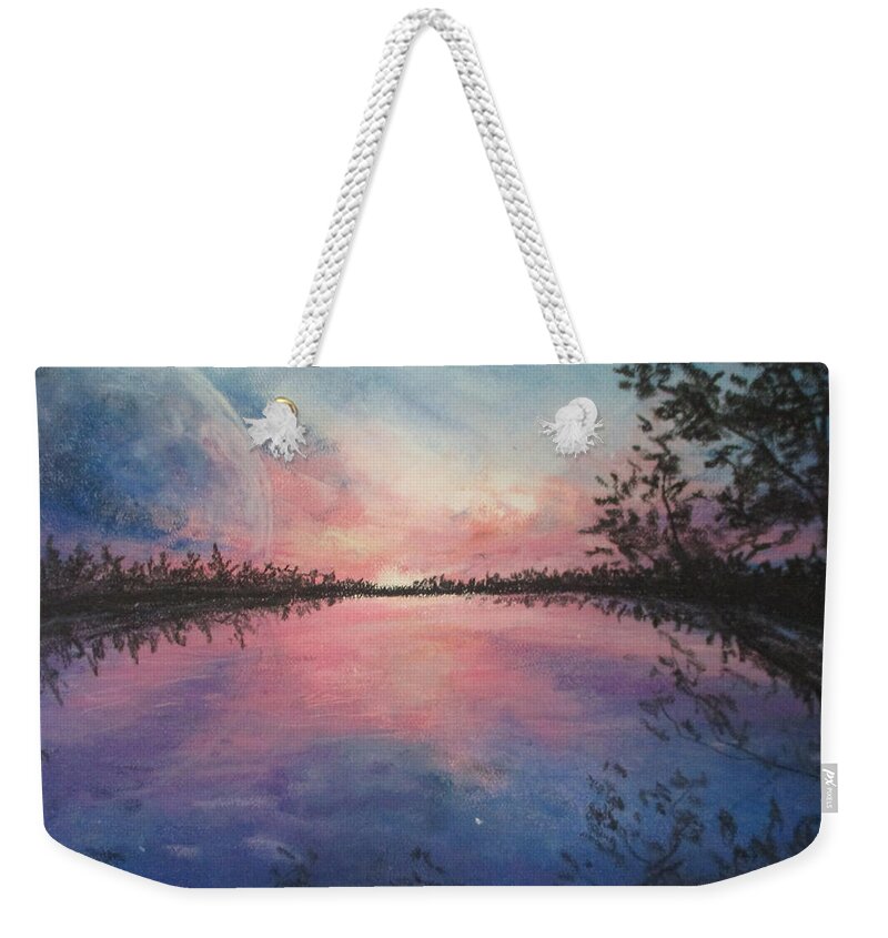 Chromatic Sunset Weekender Tote Bag featuring the painting Planet Sunset by Jen Shearer