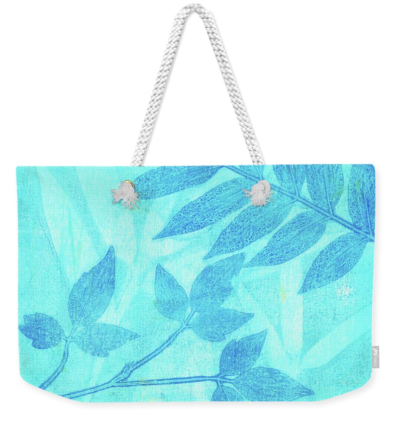 Plant Print Weekender Tote Bag featuring the mixed media Plant print in Blues by Kristine Anderson