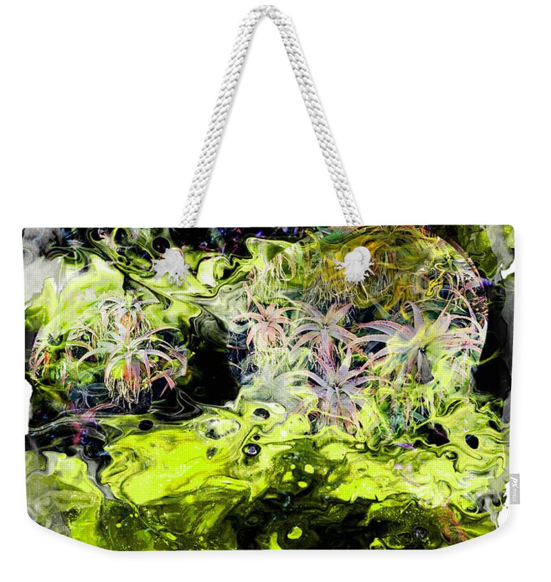 Plant-ball Eater Abstract Photograph Border White Grey Purple Black Dots Plants Balls Yellow Beige Eyes Arms Iphone Ipad-air Software Chartreuse Orange Sandiego California Weekender Tote Bag featuring the digital art Plantball Eater Abstract by Kathleen Boyles