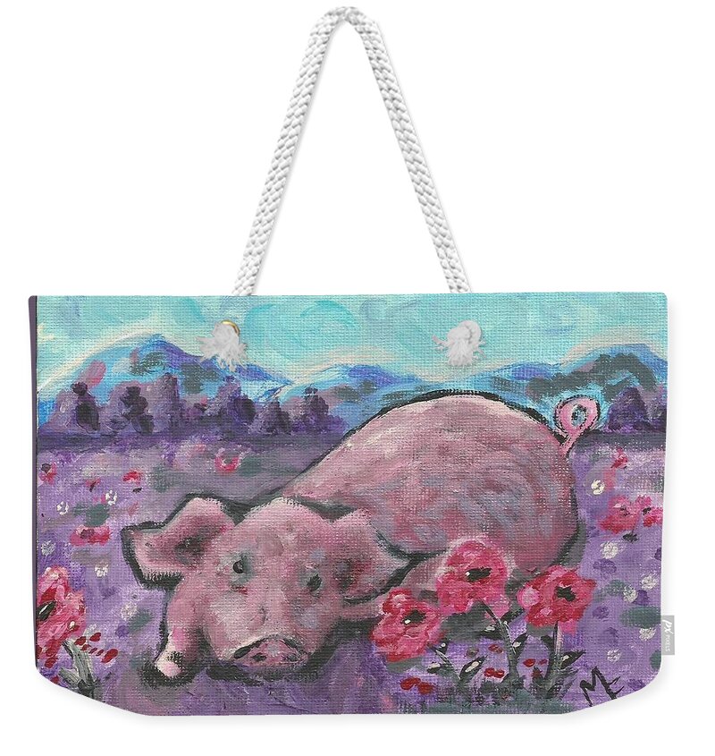 Pig Painting Weekender Tote Bag featuring the painting Playful Pig by Monica Resinger