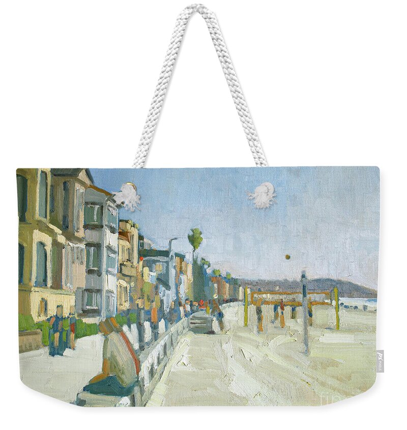 Beach Volleyball Weekender Tote Bag featuring the painting Playing Beach Volleyball - Pacific Beach, San Diego, California by Paul Strahm
