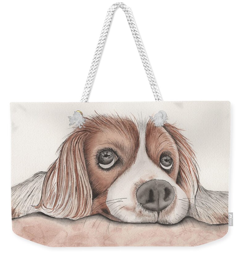 Puppy Painting Weekender Tote Bag featuring the painting Please Take Me Home With You by Bob Labno