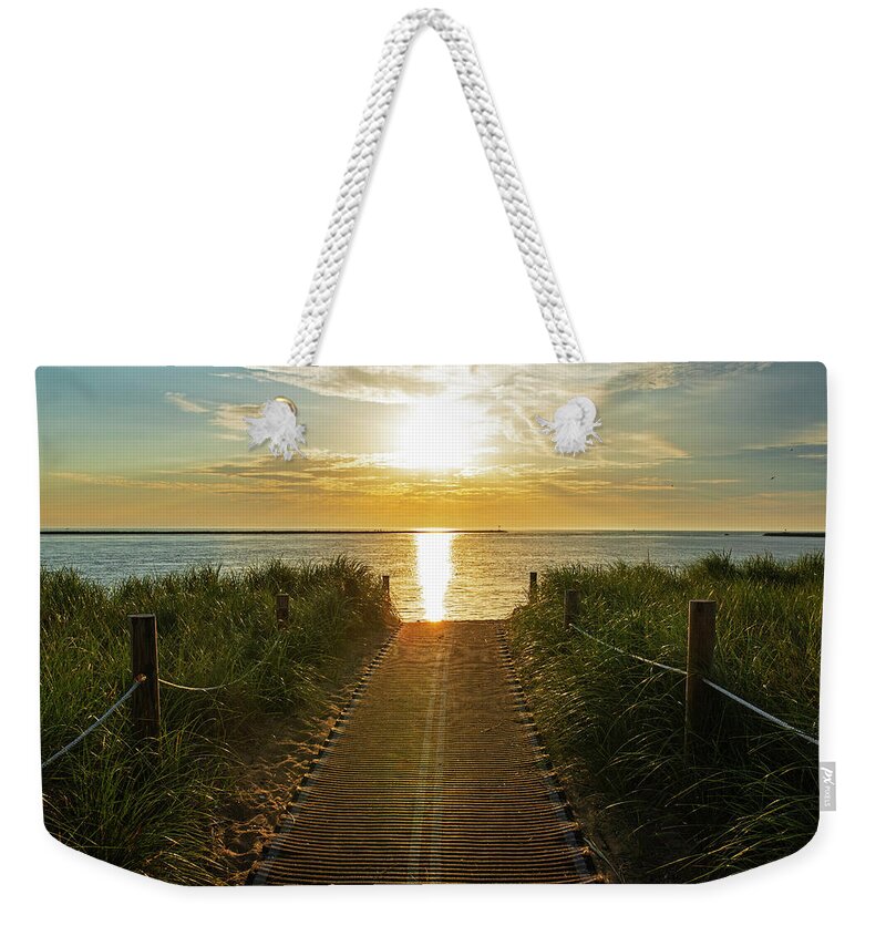 Newburyport Weekender Tote Bag featuring the photograph Plum Island Beach Walkway at Sunrise Newburyport Massachusetts by Toby McGuire