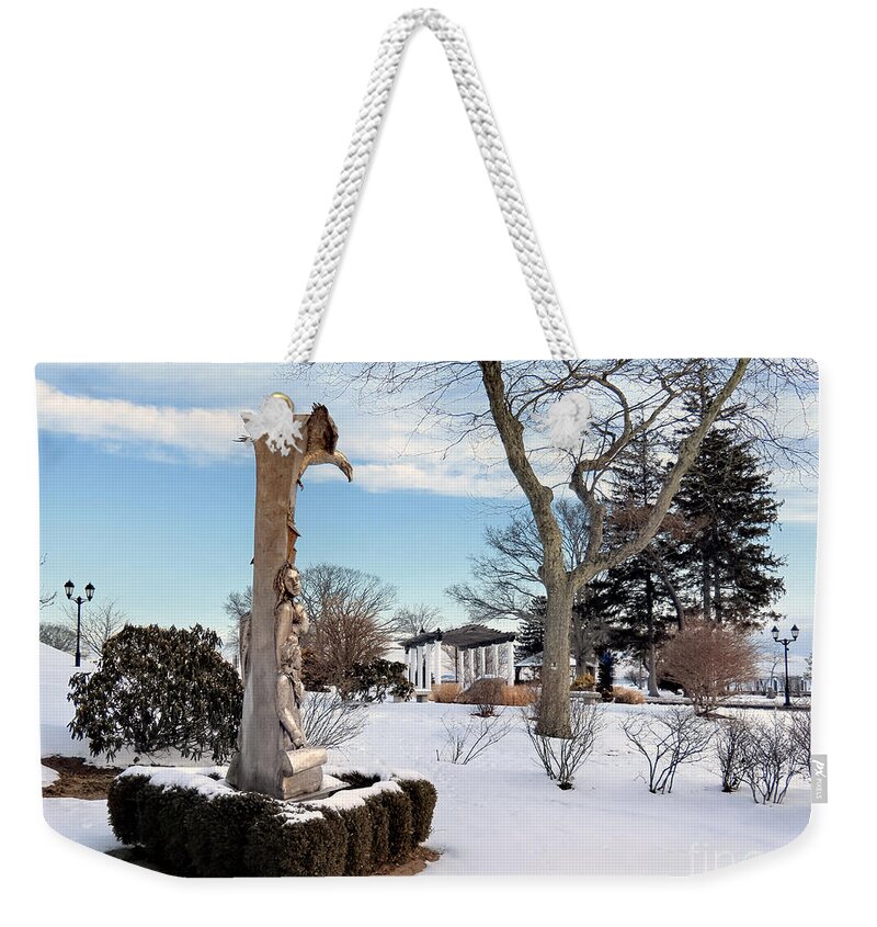Plymouth Immigrant Statue Weekender Tote Bag featuring the photograph Plymouth Immigrant statue Brewster Gardens by Janice Drew