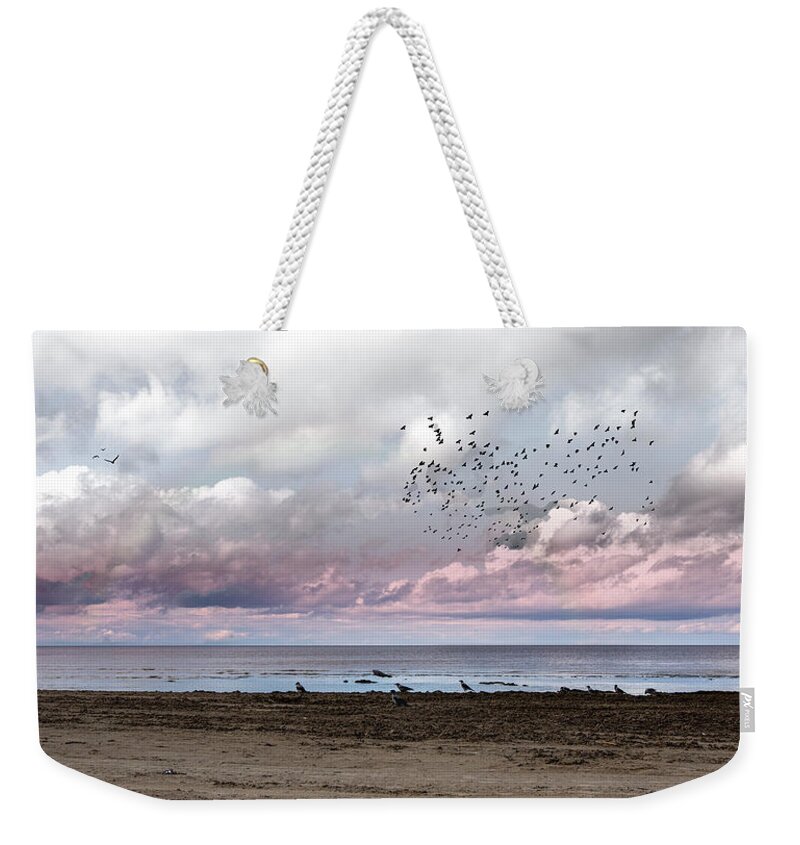 Photography #nature Photography #seascape Photography #tranquility#serenity On The Beach #calm Sea #pink Clouds #poetic Feeling #melancholy Vibes #autumn Mood #after Storm Weekender Tote Bag featuring the photograph Poetic Beach Vibes Jurmala by Aleksandrs Drozdovs