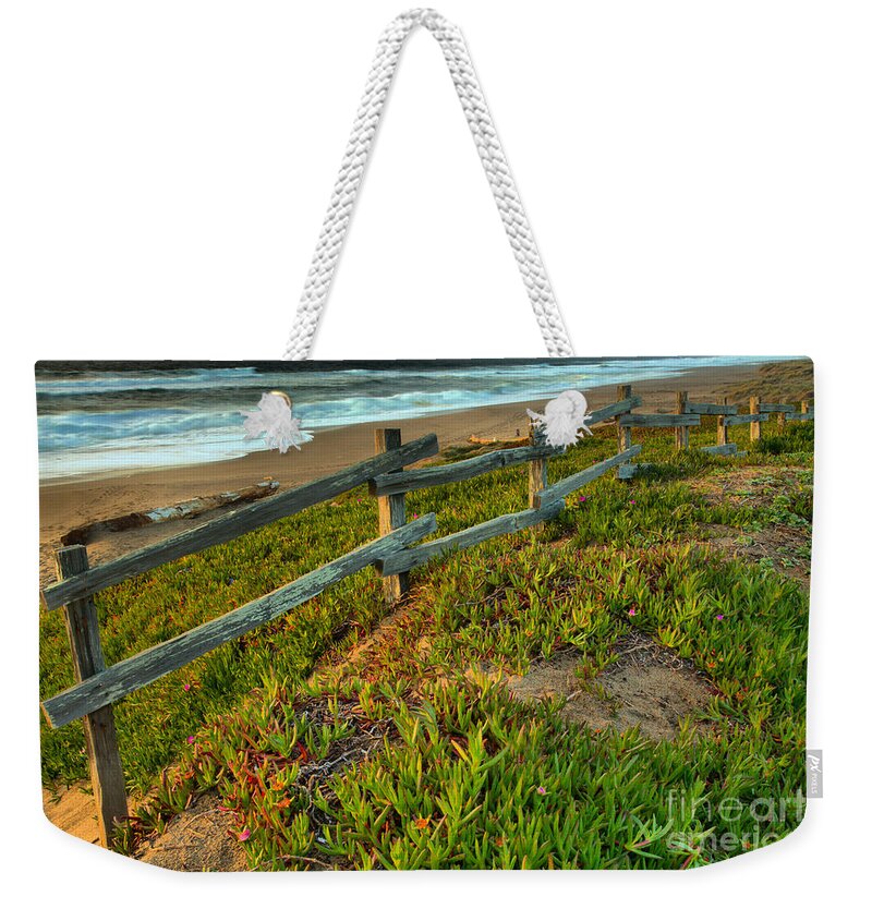 Point Reyes Weekender Tote Bag featuring the photograph Point Reyes Beach Fence Sunset by Adam Jewell