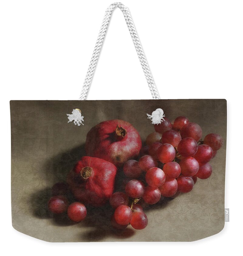 Still Life Weekender Tote Bag featuring the photograph Poms and Grapes by Kandy Hurley