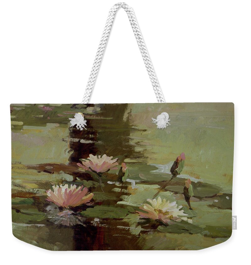 Water Lily Paintings Weekender Tote Bag featuring the painting Pond Blossoms by Elizabeth - Betty Jean Billups