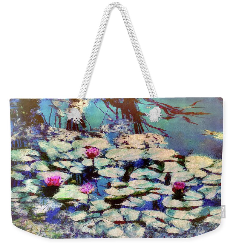 Pond Weekender Tote Bag featuring the mixed media Pond Lilies at the End of Summer by Christopher Reed
