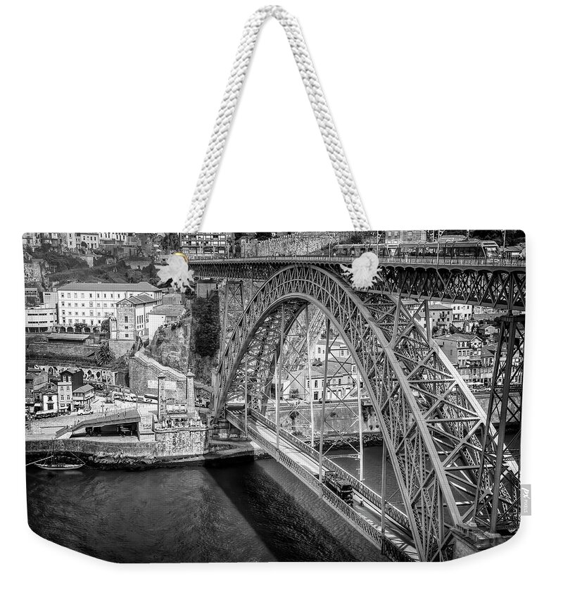 Porto Weekender Tote Bag featuring the photograph Ponte Luis Porto Portugal Black and White by Carol Japp
