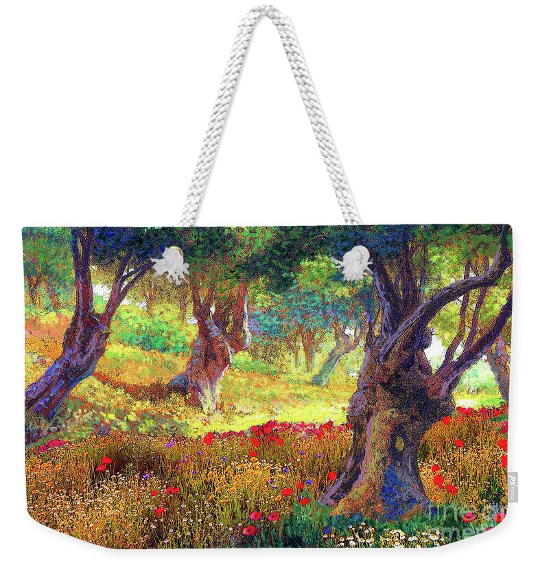 Landscape Weekender Tote Bag featuring the painting Poppies and Olive Trees by Jane Small