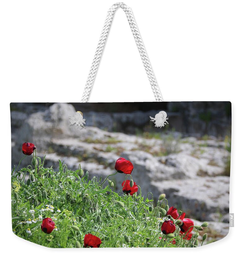 Poppies Weekender Tote Bag featuring the photograph Poppies and Ruins by M Kathleen Warren
