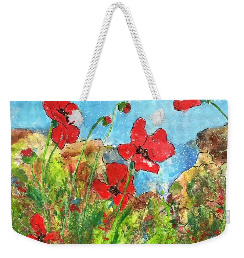 Poppies Weekender Tote Bag featuring the painting Poppies by the Sea II by Elaine Elliott