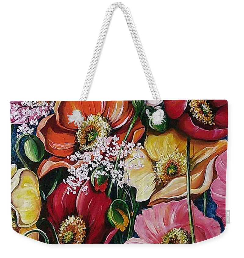 Poppies Weekender Tote Bag featuring the painting Poppies Delight by Karin Dawn Kelshall- Best