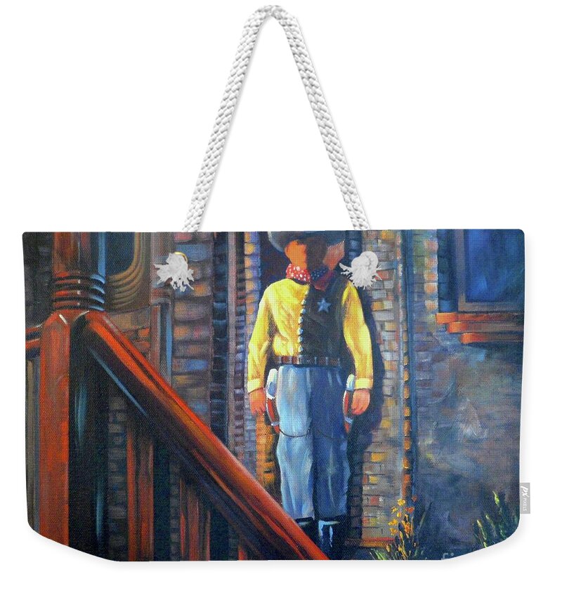Porch Cowboy Western Guns Holster Bricks Sun Railing Outdoors Bush Window Walls Hat Shadows Sheriff Star Sun Weekender Tote Bag featuring the painting Porch Cowboy by Anthony DiNicola