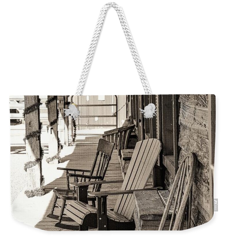 Porch Chair Old B&w Barn Weekender Tote Bag featuring the photograph Porch by John Linnemeyer